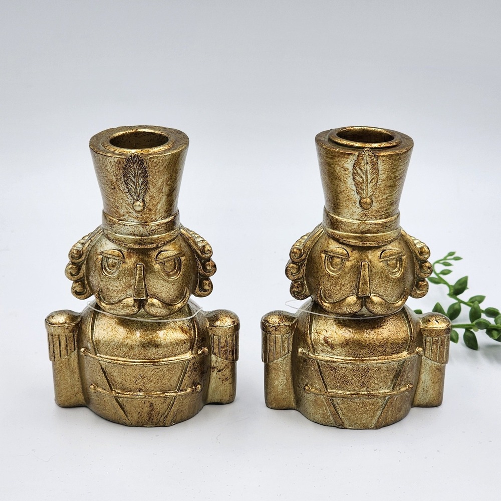 Gold Nutcracker Taper Candle Holders Christmas Traditional Holiday 2 Pc 4.5"